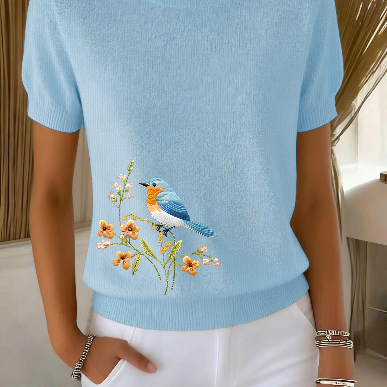TEMU Pull Décontracté Femme - Pull à Manches Courtes et Coupe avec Col Rond, Haut Confortable Légèrement Extensible, Design Texturé, Tissu Durable,