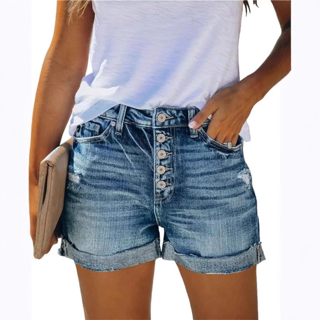 Ripped Denim Shorts, High Waist, Slim Fit, , Distressed , Versatile Summer Pants, Sexy, , Elegant