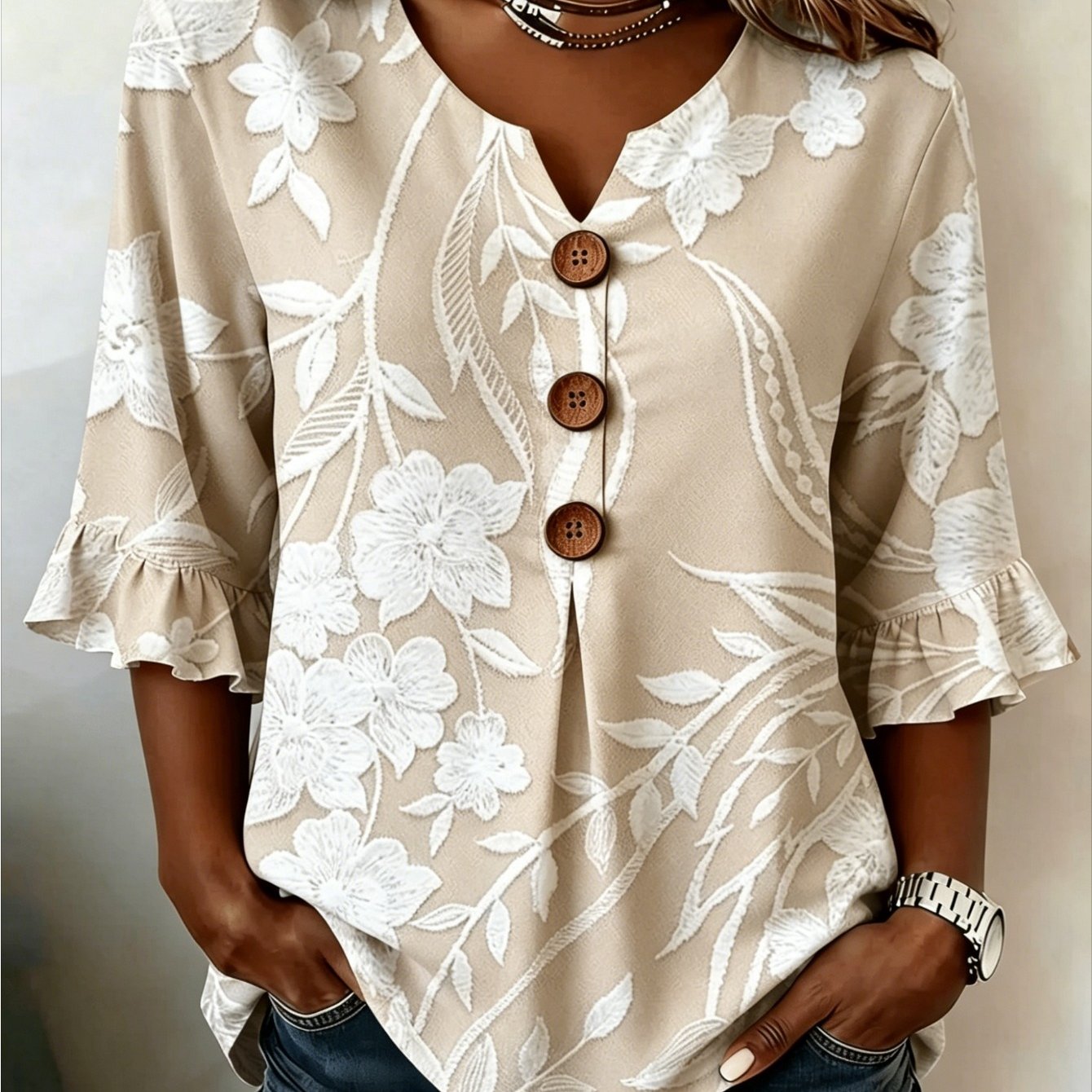 Plus Size - Plus Size - Large Size Women's V-neck Button-style - White Flower Top, Suitable For Casual Summer Wear, Is For Mothers And Sisters