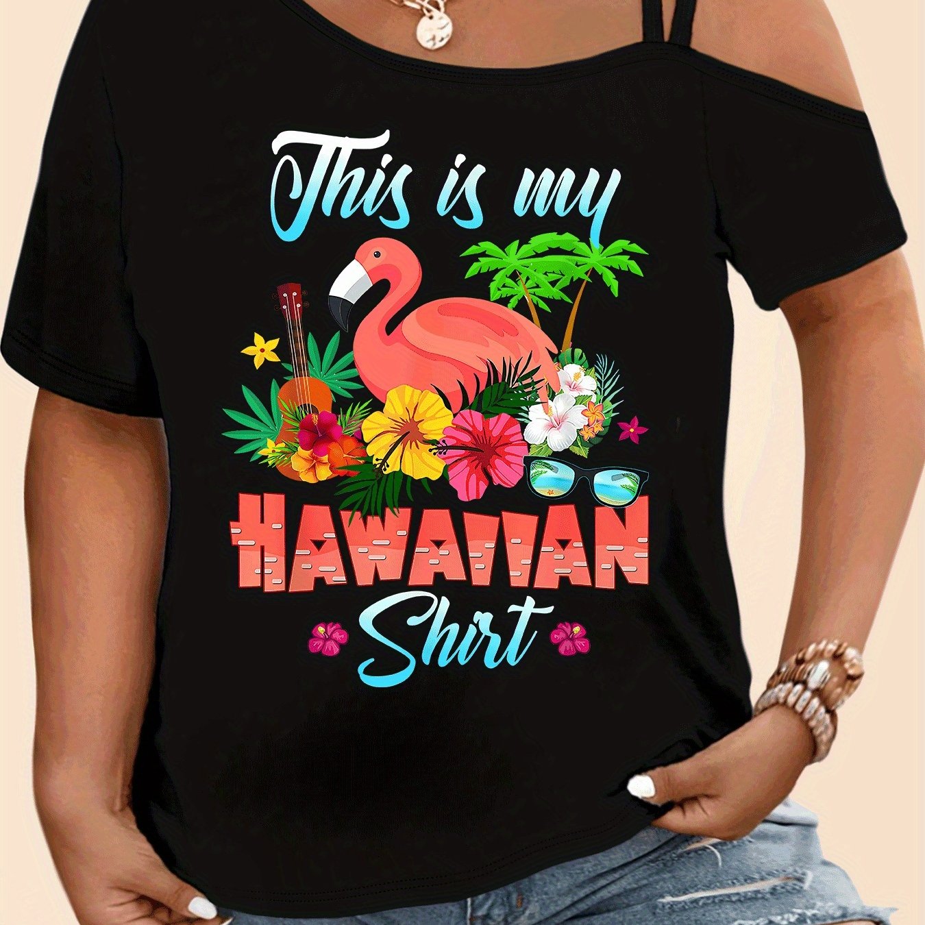 TEMU Plus Size, Ombre Hawaiian Three-row Letter Flamingo Floral Guitar Glasses Loose Fit Versatile Fashionable Casual Summer Short Sleeve Camisole