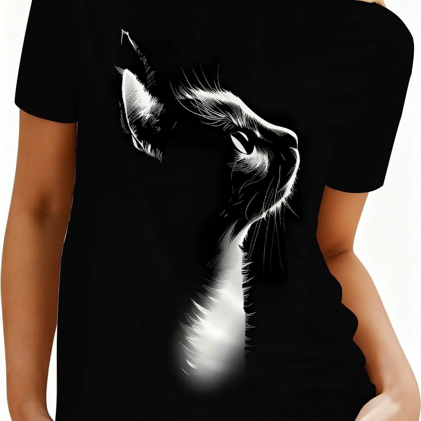 TEMU Women's Black Cat Pattern Round Neck Short Sleeve T-shirt, Casual Short Sleeve Top, Cat Lover Graphic Tee, Summer Streetwear