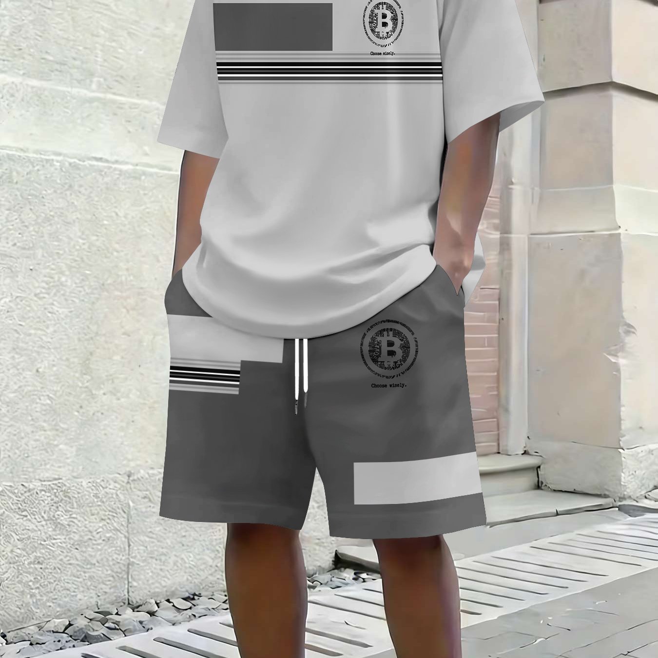 TEMU Men' Casual Short-sleeved T-shirt And Shorts Set | Crew Neck, Regular Fit, Stretch Fabric, Random Print, Perfect For Summer