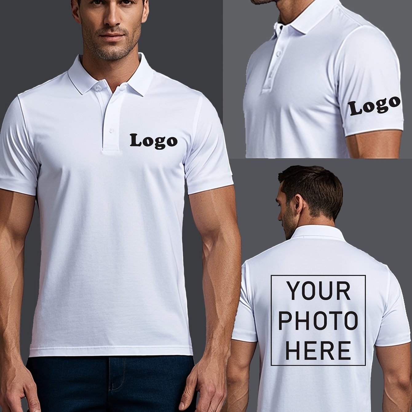 TEMU Men's Custom Photo/ Shirt - Lapel Short-sleeve With Chest & Cuff Printing Suitable For Summer Workwear, Breathable Casual Shirts For Family