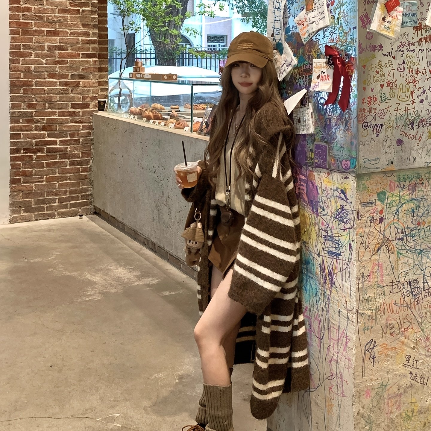 TEMU Korean Lazy Vintage Striped Hooded Cardigan Women's Fall Winter Loose Soft Long Sweater Coat