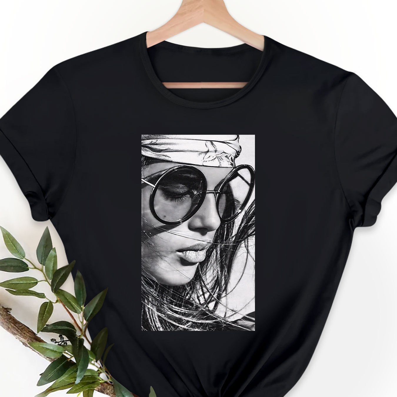 TEMU Women's Vintage Hijab & Round Fashion Glasses Print T-shirt - Soft Breathable Short Sleeve Blouse For Summer,, Party & Casual Attire - Casual