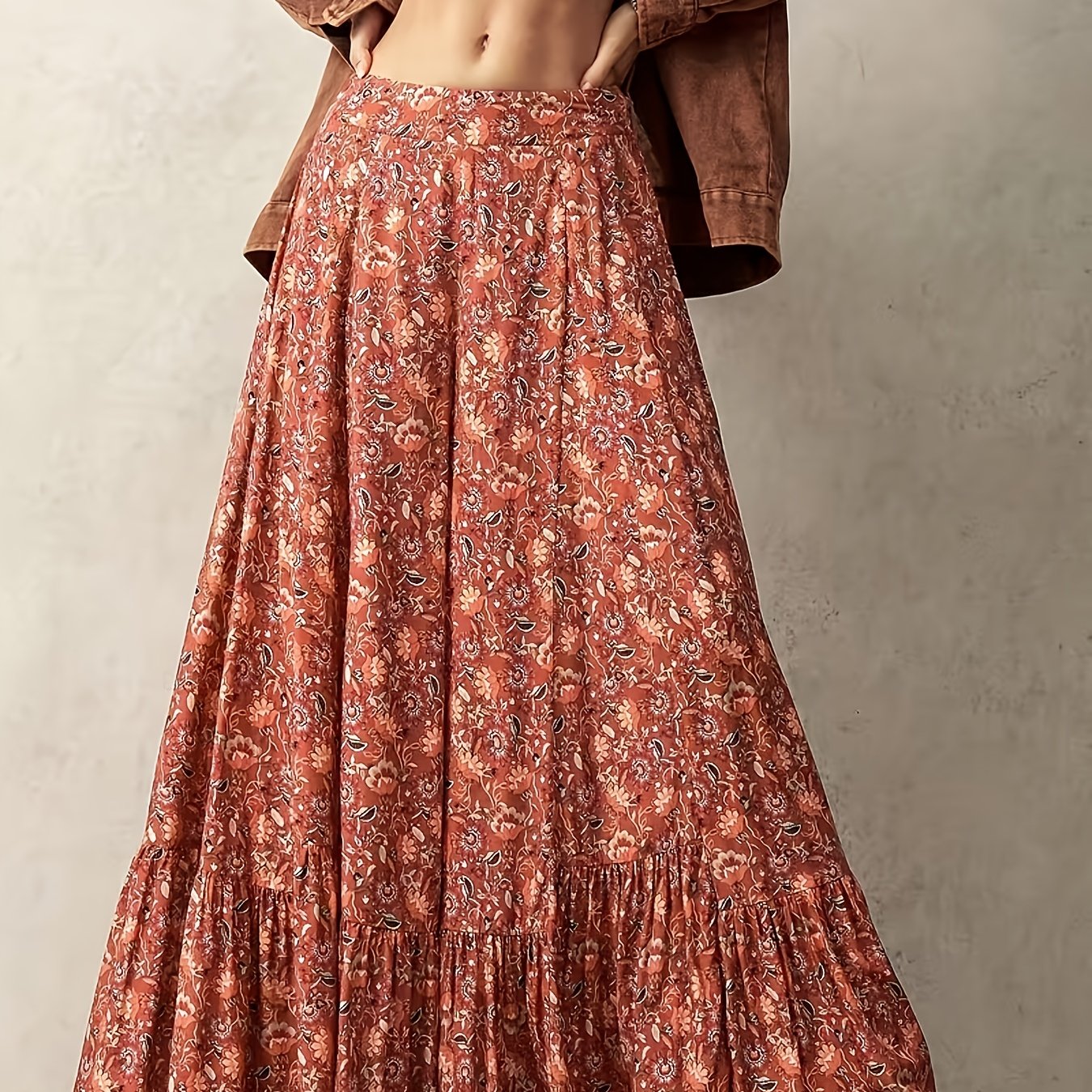 TEMU Women's Elegant Floral Print Long Dress Pants, Bohemian Style Wide Leg Versatile