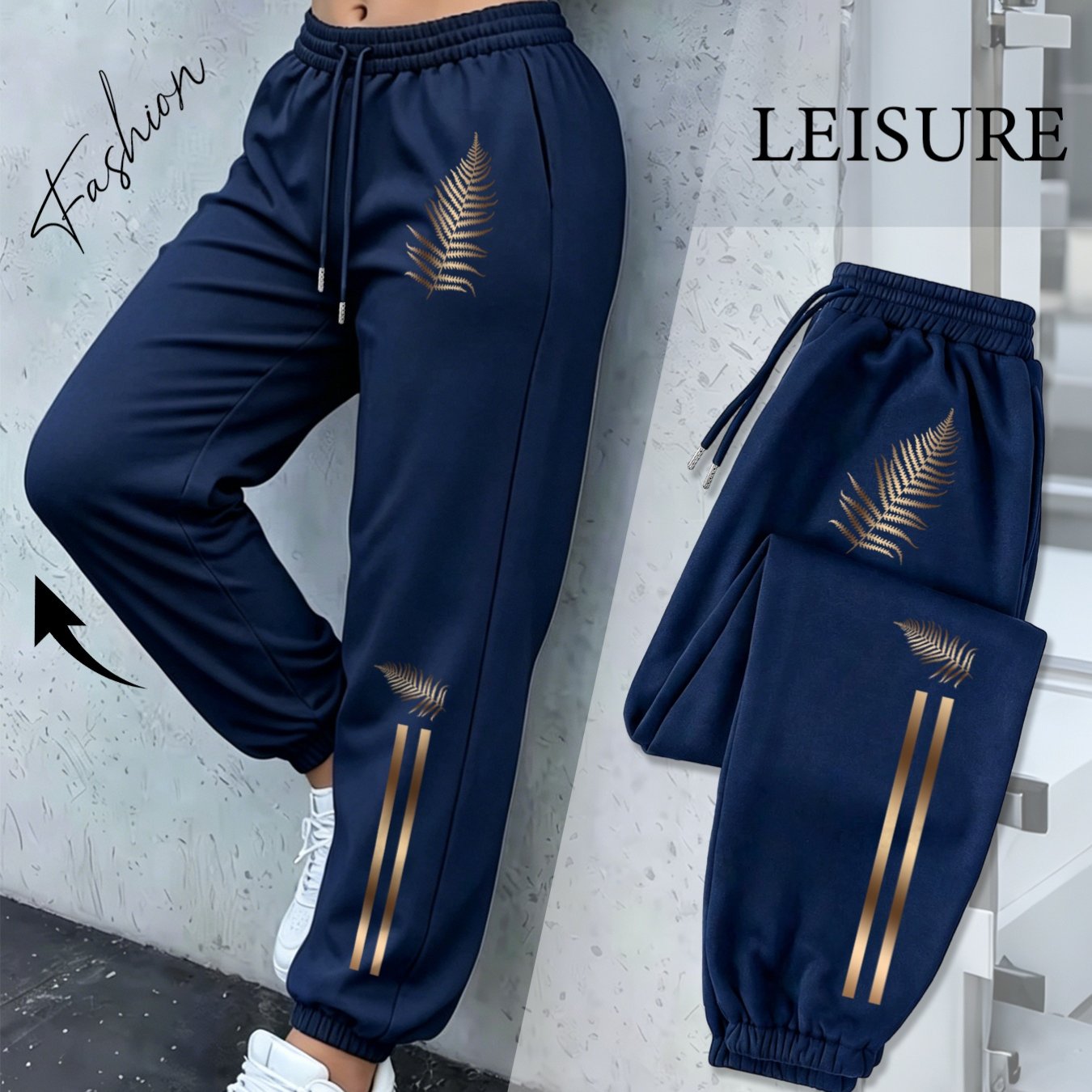 TEMU Women's Drawstring High-waist Jogger Pants With Luxury Leaf Double Print, Loose Fit Casual Joggers, Versatile Street Style Long Pants