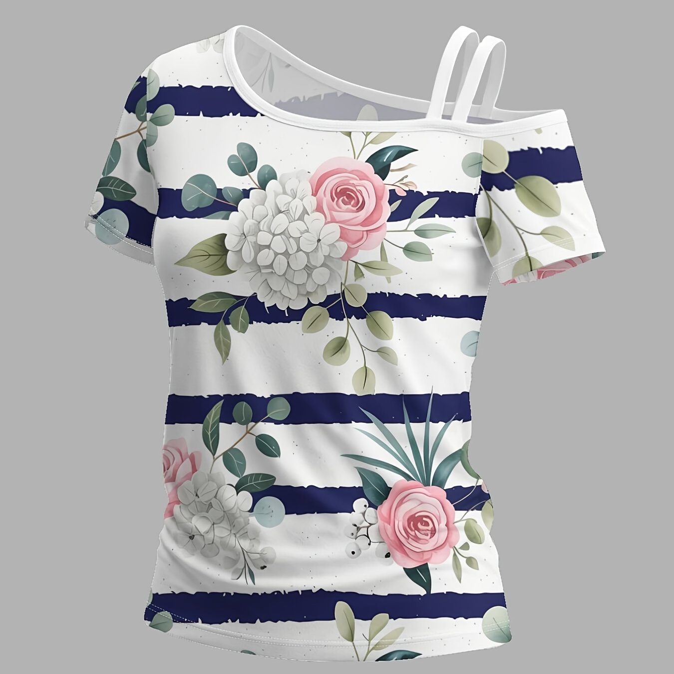 TEMU Rose Women's Off-shoulder Short-sleeved T-shirt With Single Shoulder Strap, Featuring A Unique Asymmetrical Design, Trendy Prints, Round