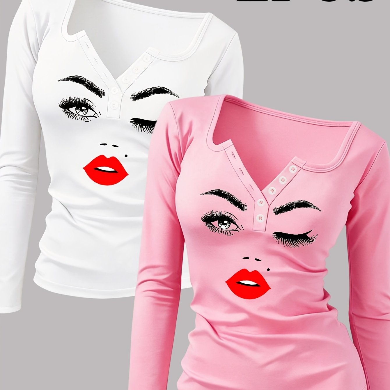 TEMU 2pcs Artistic Print Pattern Women's Hot Outfit, Button-up Hot Sexy Round Neck Design Women's Long Sleeve T-shirt, A Revealing