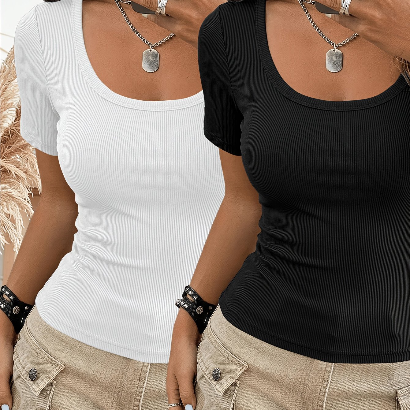TEMU 2pcs Women's High-elastic Ribbed T-shirts - Soft Short Sleeve Blouse-compatible Suitable For Vacation & Casual Attire, Machine Washable