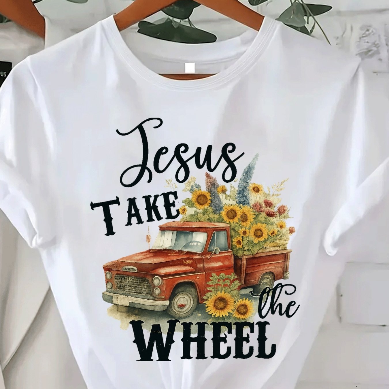 TEMU Plus Size - Plus Size - 2025 Christmas Gift T-shirt, Women's Casual Steering Truck Sunflower 2d Print T-shirt, Short Sleeve Round Neck, Size