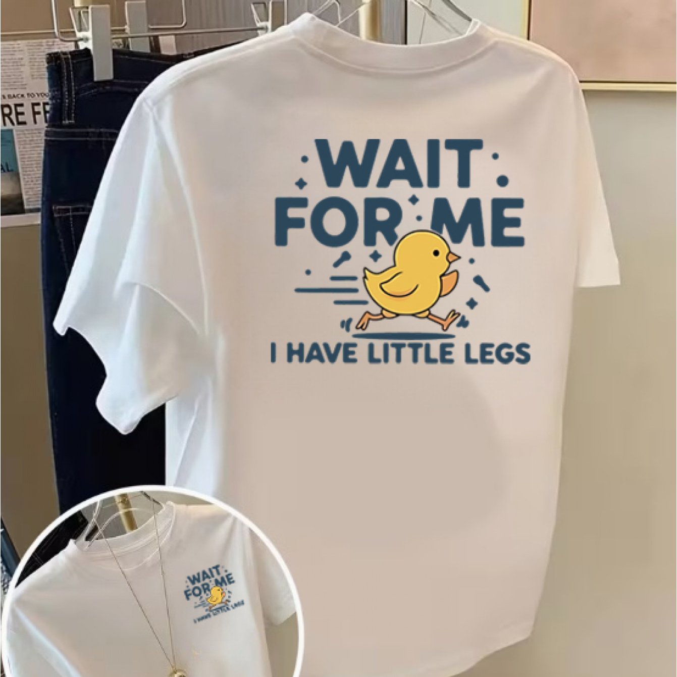 TEMU Women's Front And Back Printed Fashion Short Sleeve T-shirt, Little Yellow Duck, I Have Little Legs Pattern, Women's Casual Top - Round Neck