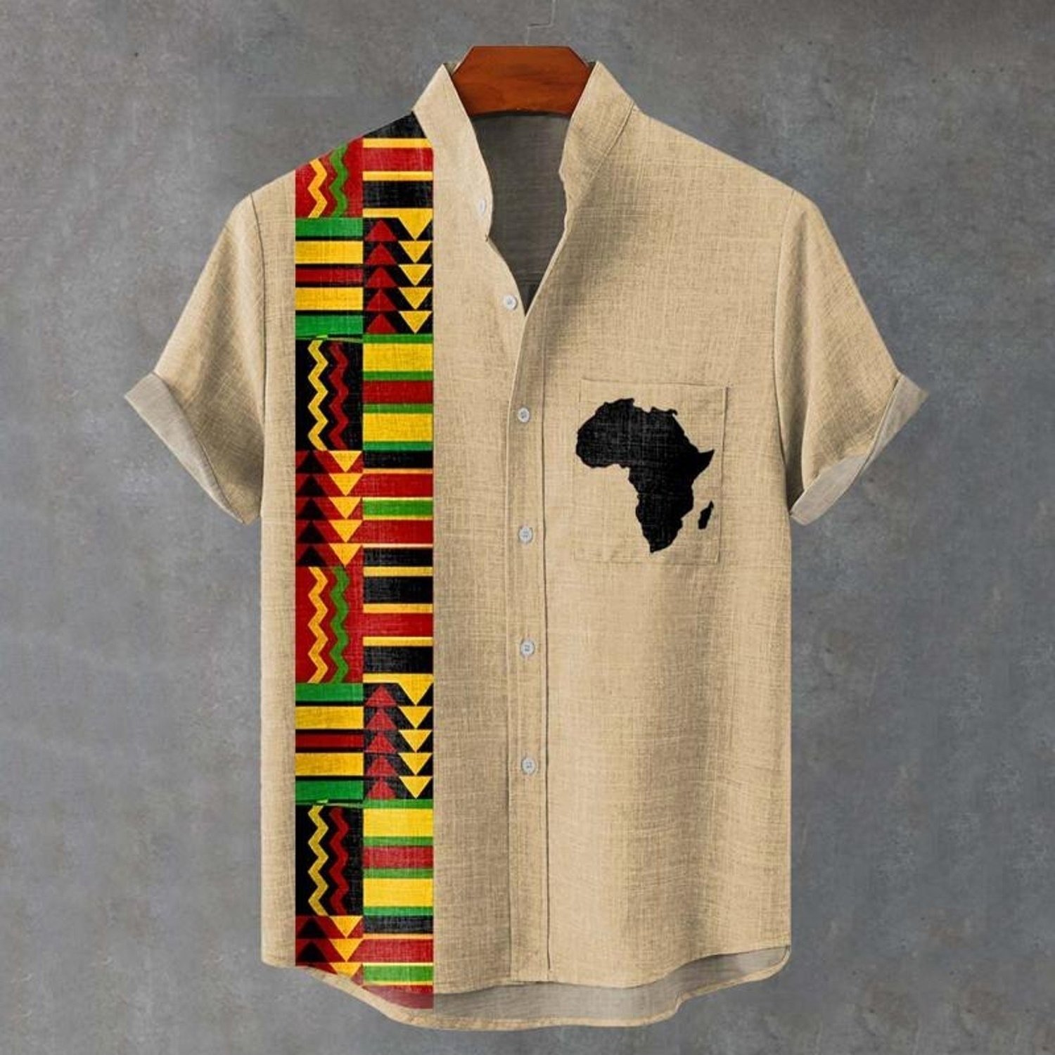 Image of Men's Stylish Button- Shirt, Short-sleeved Light Beige With Colorful Geometric Patterns And African Silhouette, Polyester Material, For Daily Wear, Multiple Sizes , Mixed Color