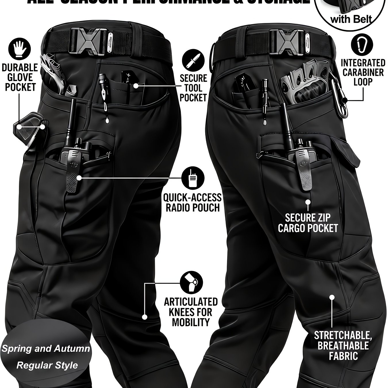 TEMU Men's Heavy Duty Tactical Cargo Pants With Belt - Multi-pocket Workwear Suitable For Outdoor, Hiking & Use | Non-stretch Belted Tactical