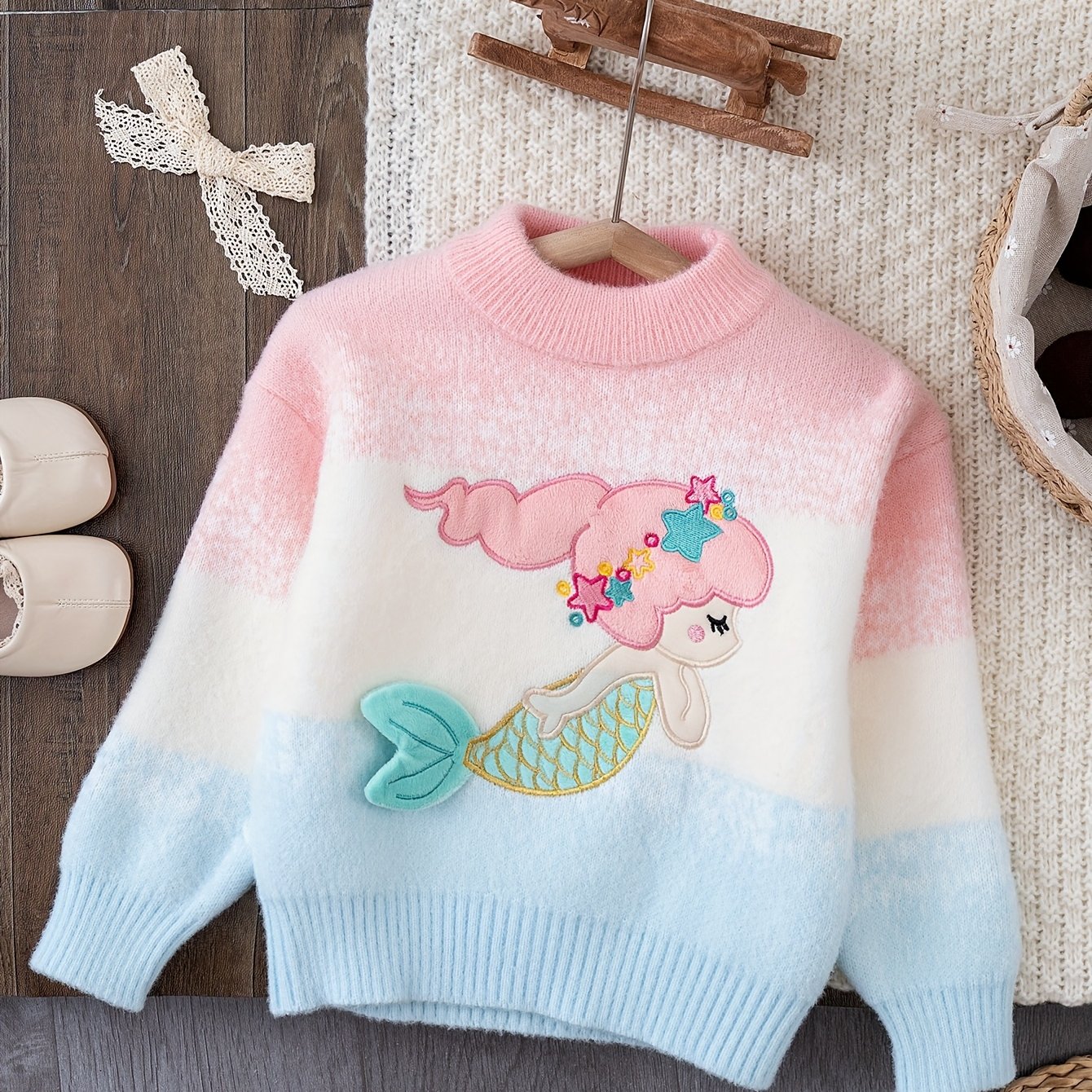 Back-to- Girls' Sweater, Fashionable Autumn/winter Cute Mermaid Sweater, Children's Knitted Pullover, Suitable For Outdoor Vacations, Camping, And , The Best Holiday Gift For Girls Ljj194-124