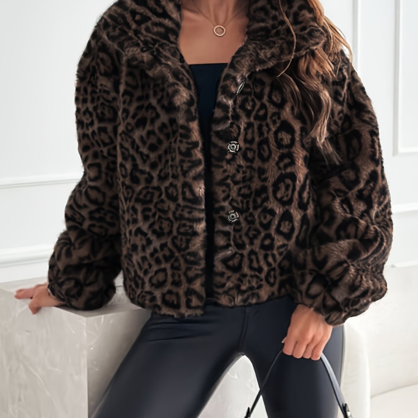TEMU Faux - New Autumn/winter Leopard Print Faux For Women, Short Style With Collar, Thickened Plush Short Overcoat, European/ Versatile Elegant Top,