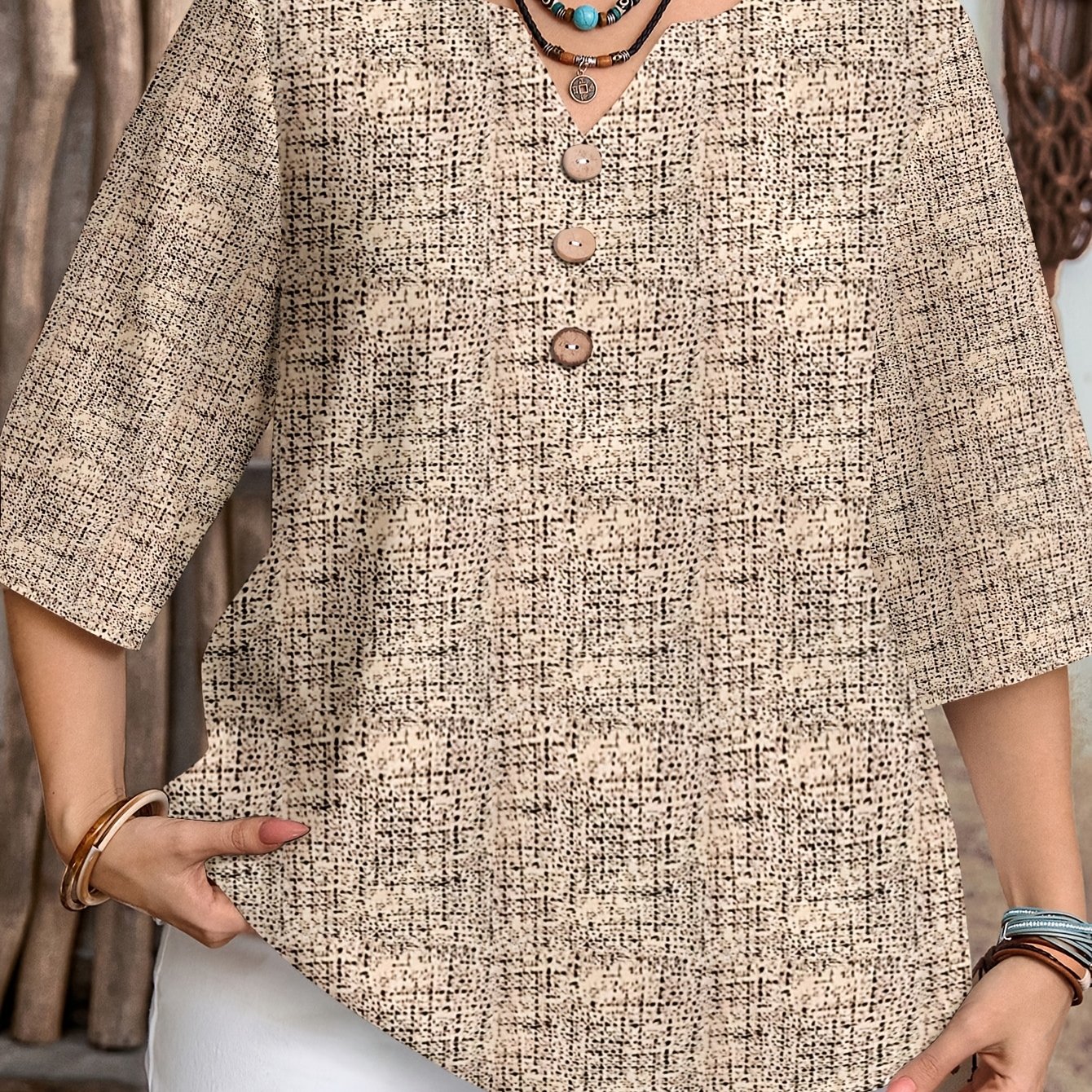 E-shop Plus Size - Plus Size - Western Plus Size Frühling/Sommer Neuer Zufälliger Druck Notch V-Ausschnitt Urlaubsstil Elegante Freizeit Bluse