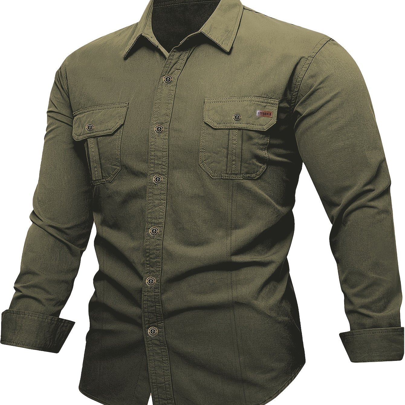 Image of Military Green Work Pants Pocket Shirt Men's Long Sleeve Button Collar Fashion, Camping Outdoor Activities Sports Long Sleeve Shirt Elastic Casual Solid Color Retro Style