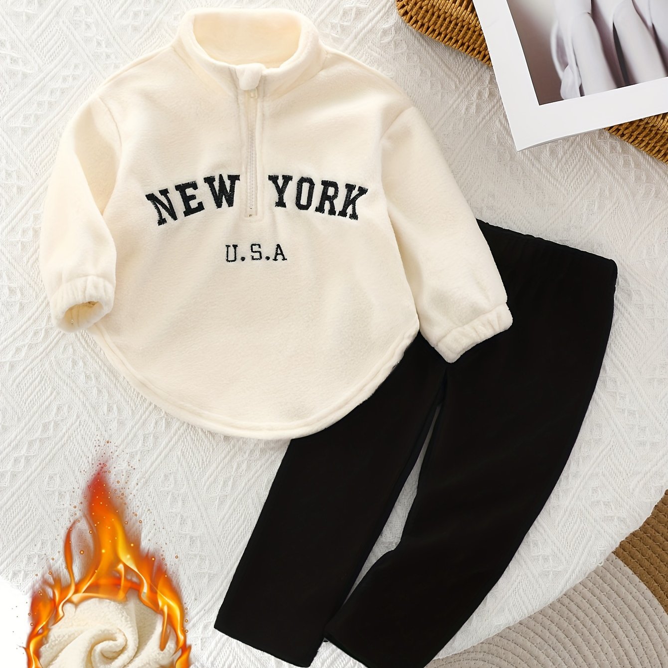 Image of P100877 Baby Boy Girl Autumn Winter Thick Letter Print Long Sleeve Sweatshirt And Pants Set, For Outdoor, Christmas, Halloween
