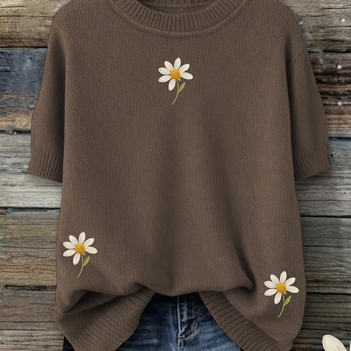 TEMU Sweater Boutique - Selling Sweaters, Women's Round Neck Short Sleeve Sweater, Western Style Comfortable Versatile Top With Printed Design - Not
