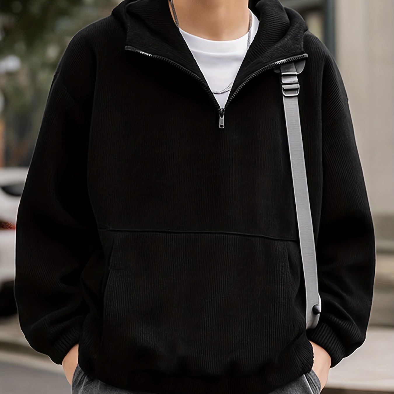 TEMU Autumn And Corduroy Hooded Sweatshirt, Men's Loose Half-zip Pullover Hoodie