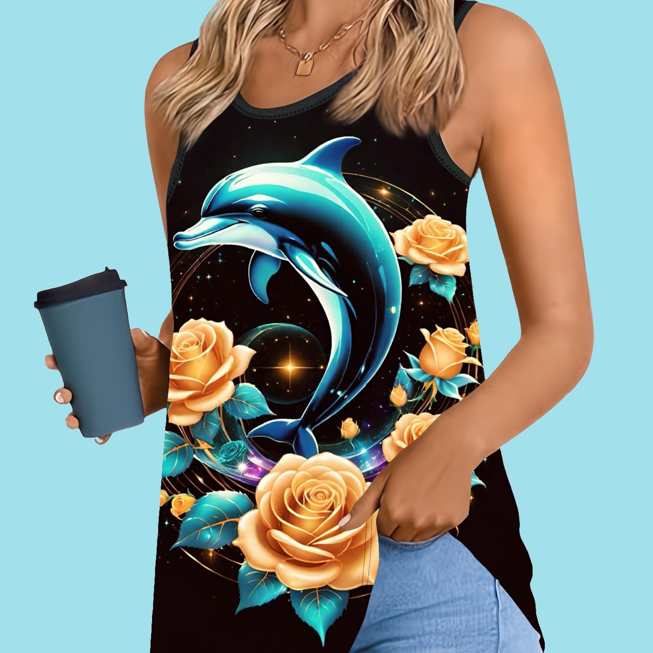 TEMU Single Pack Of Golden Rose Totem Print Women's Round Neck Tank Top, A Style Top