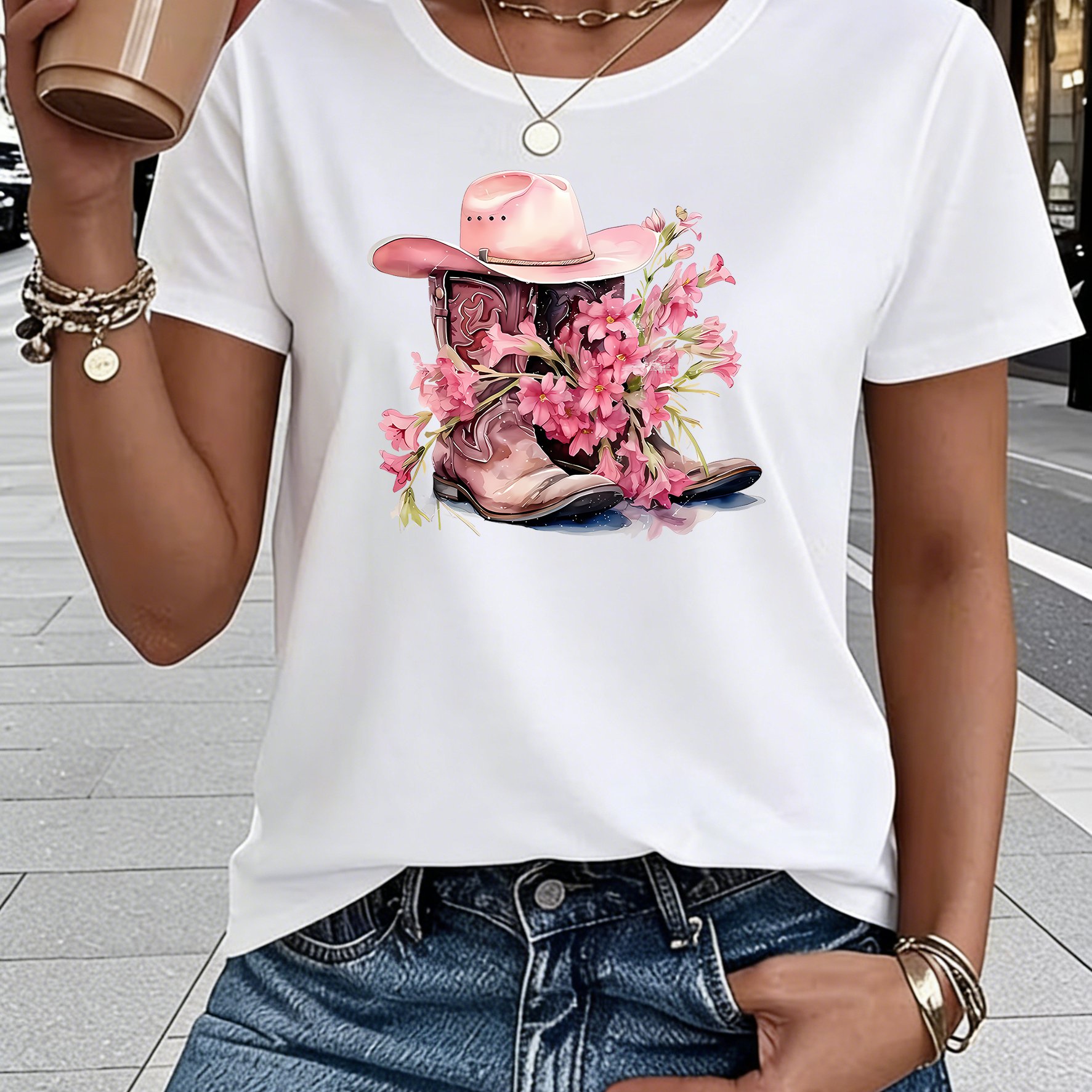 TEMU Women's Summer Crew Neck Short Sleeve Tee, With Pink Cowboy Boots Hat Flowers Graphic, Stylish Western , Comfortable Soft Fabric, Breathable,