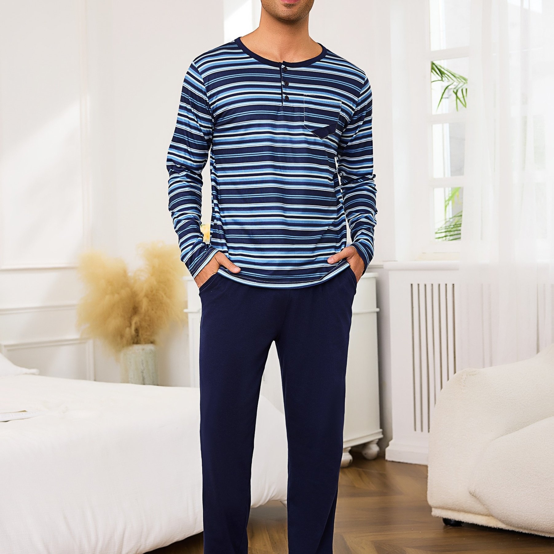 Men's Long Pajamas With Cuffs Two-piece Solid Color Top And Pants - Pajamas