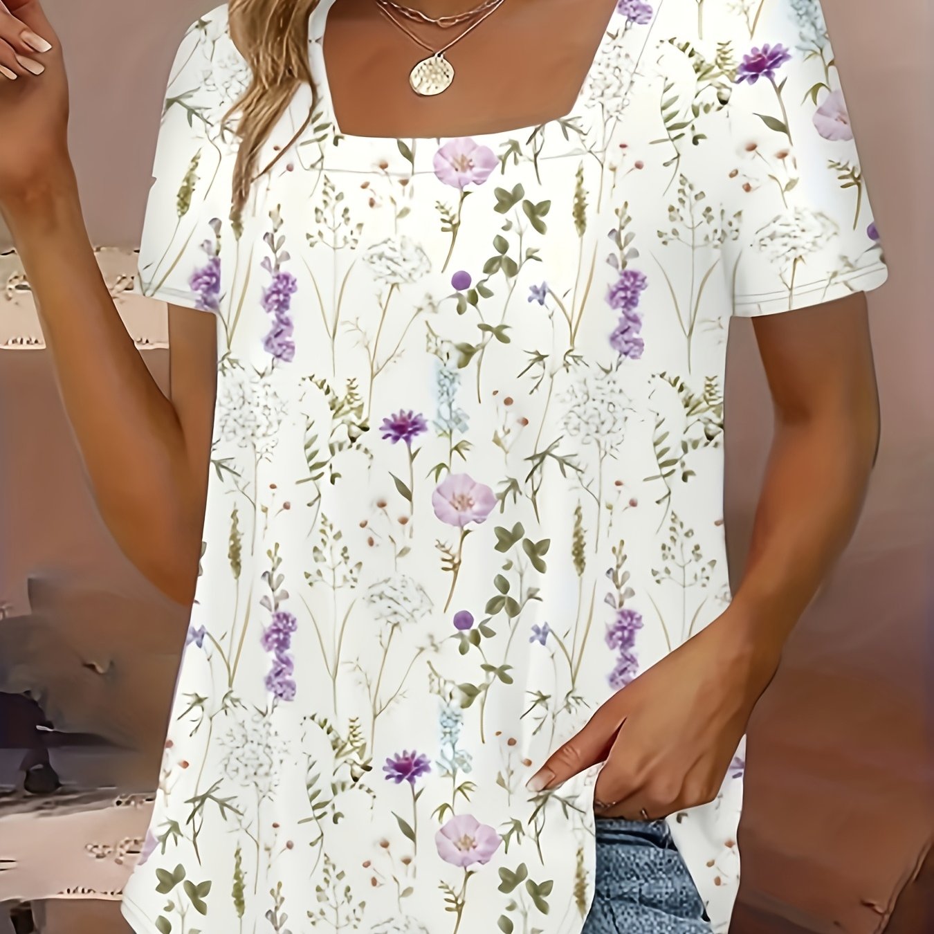 E-shop Plus Size, Damen Plus Size Elegantes Kurzarm-T-Shirt – Bluse mit Quadratischem Ausschnitt, Weicher Stretchstoff, 3D-Blumenmuster,