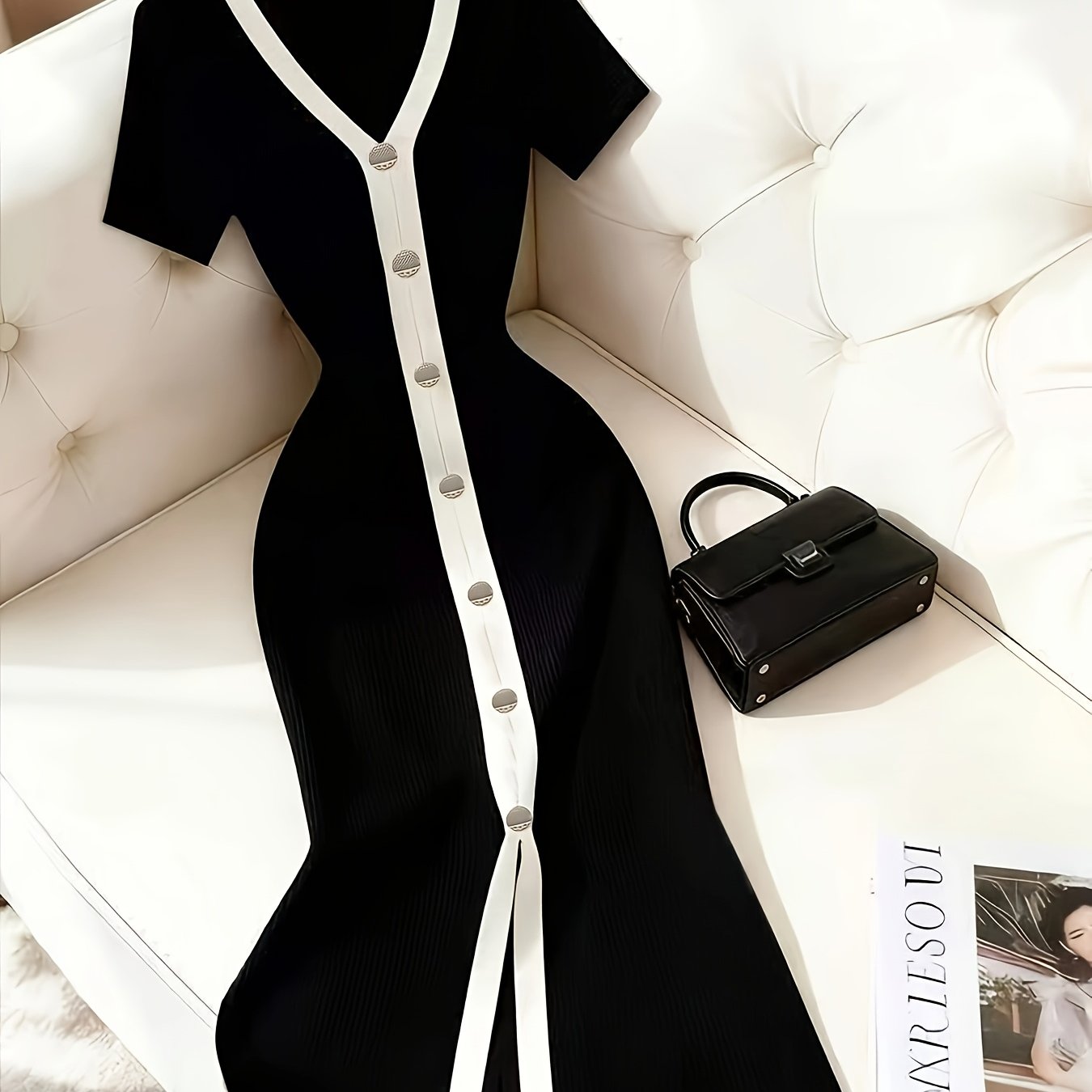 TEMU Women's Summer New Fashion Easy Casual Color-blocking -neck Slim Mid-length Dress