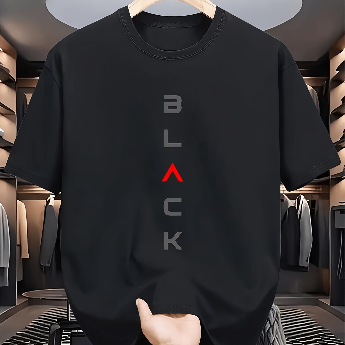 TEMU Men's Short-sleeve Black Casual T-shirt Featuring A 'black' Print, Designed For A Regular Fit, Perfect For Summer, Spring, And Autumn. Machine