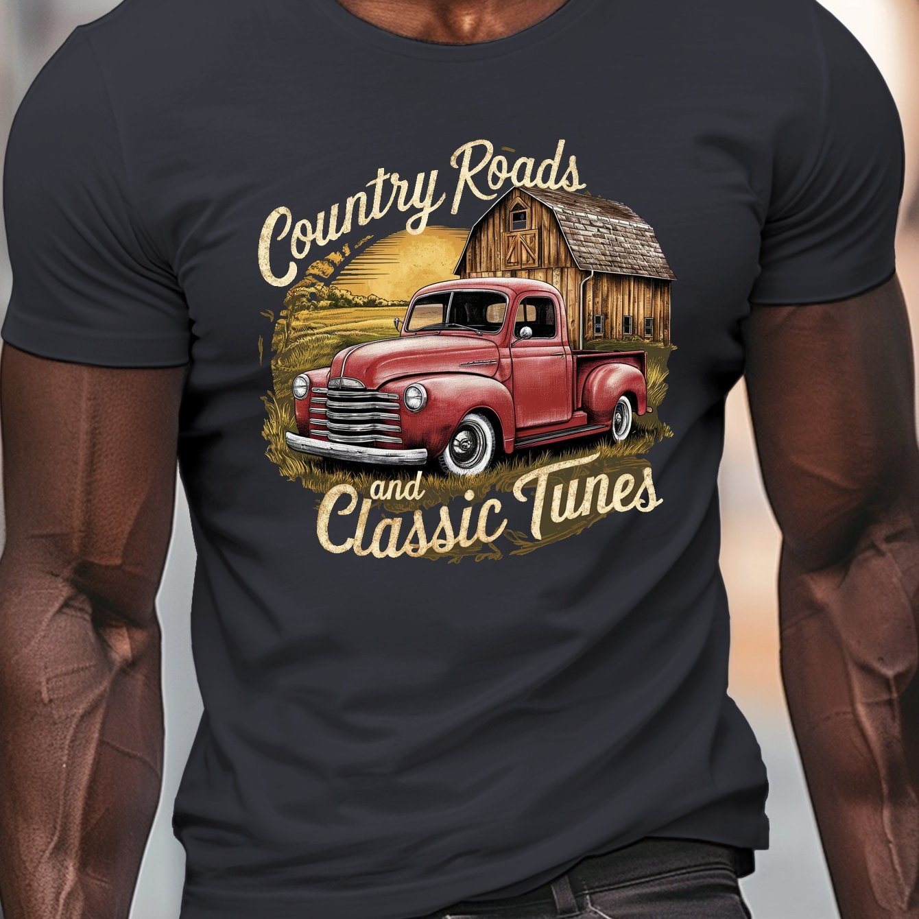 TEMU Plus Size Men's Summer T-shirt, Truck Barn Graphic Print Short Sleeve Tees Trend Casual Tops For Daily Life, Big & Tall Guys