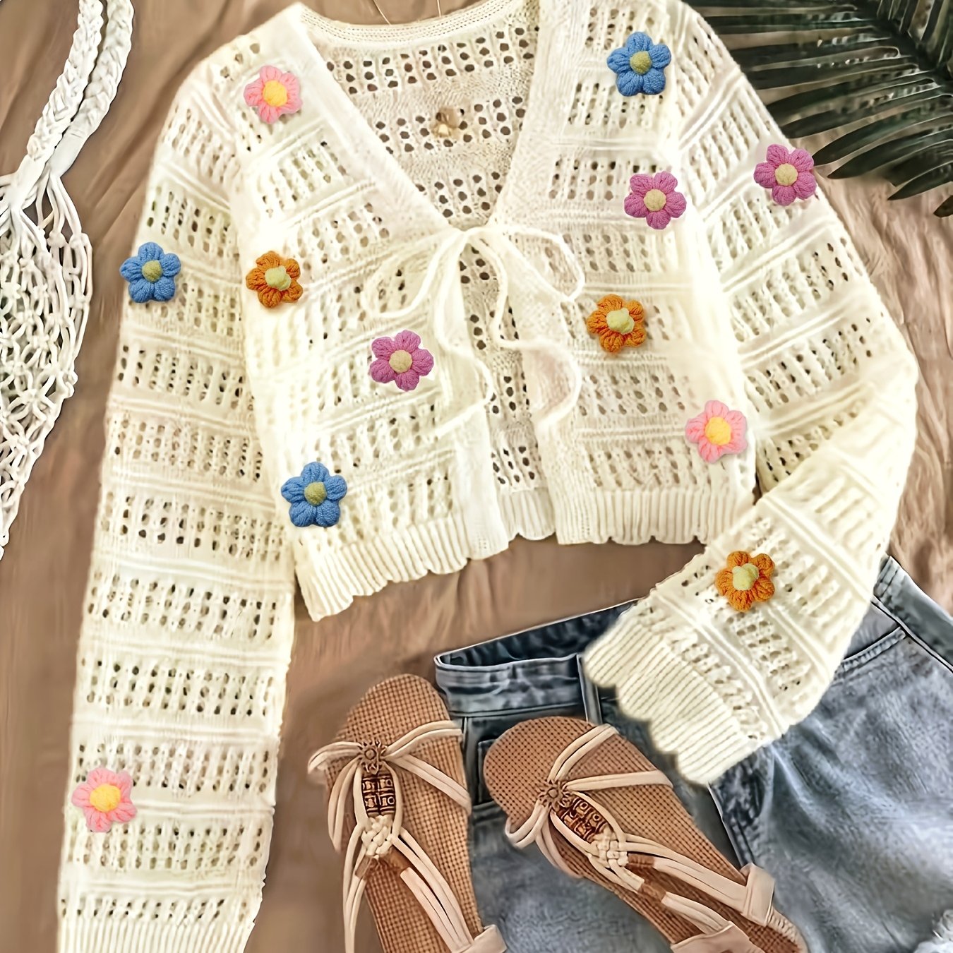 TEMU Women's Casual Lightweight Cardigan Sweater, Suitable For Summer Travel Wear, Hand- With Floral Pattern Embellishments, A For Spring Wear,