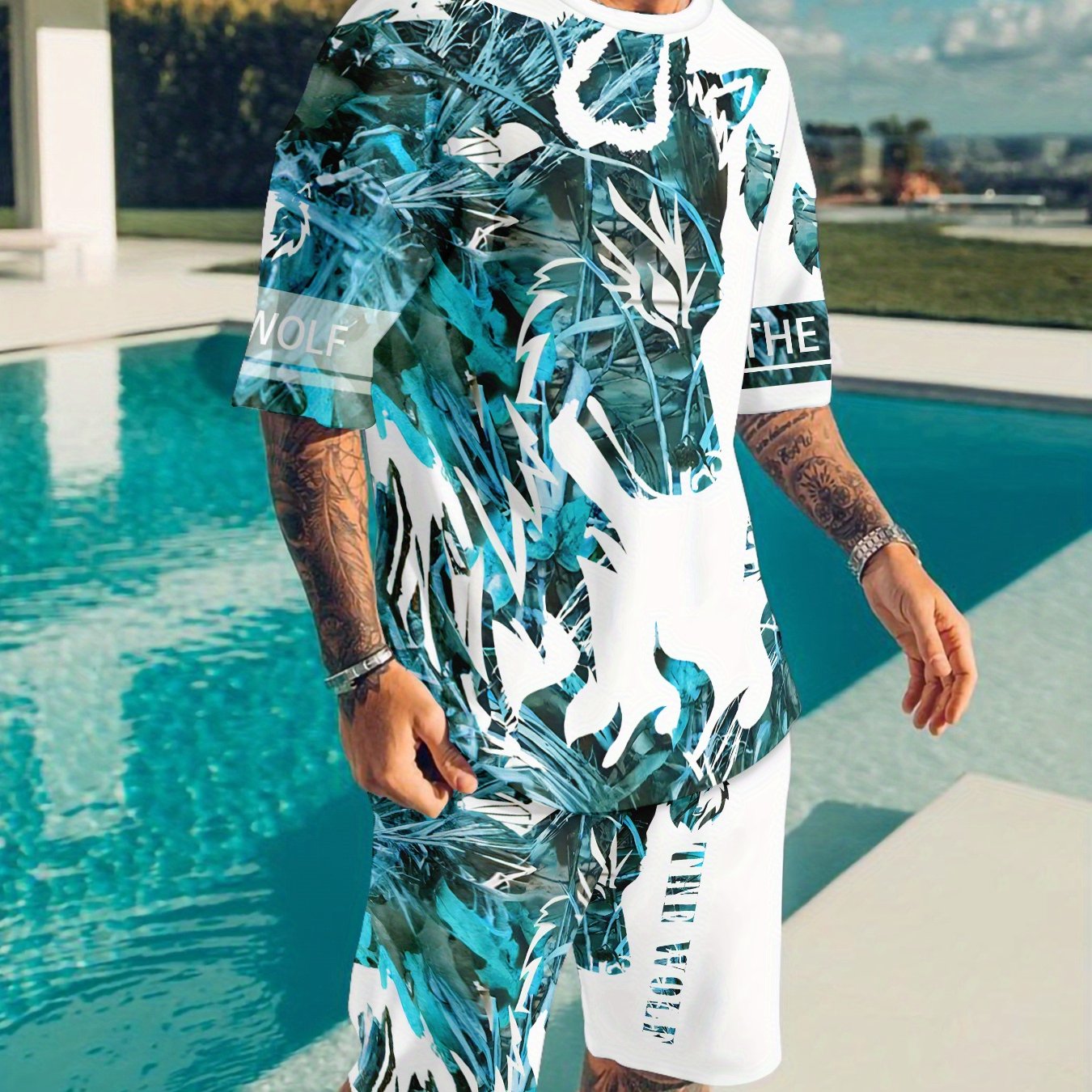 Image of Men's Breathable Outdoor Casual T-shirt And Shorts Set, Summer 3d Printed Leisure Sports Outfit For Adults