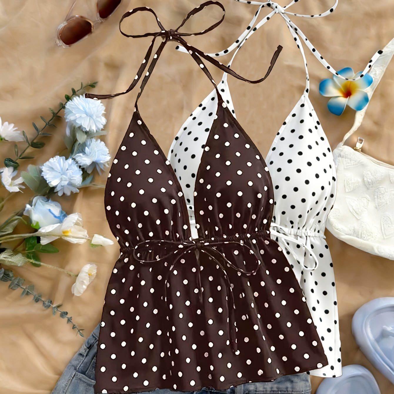 TEMU 2pcs Set French Retro Polka Dot Halter Cami, Waist-cinching Tie-front V-neck Sleeveless Top, Spicy Outerwear Blouse