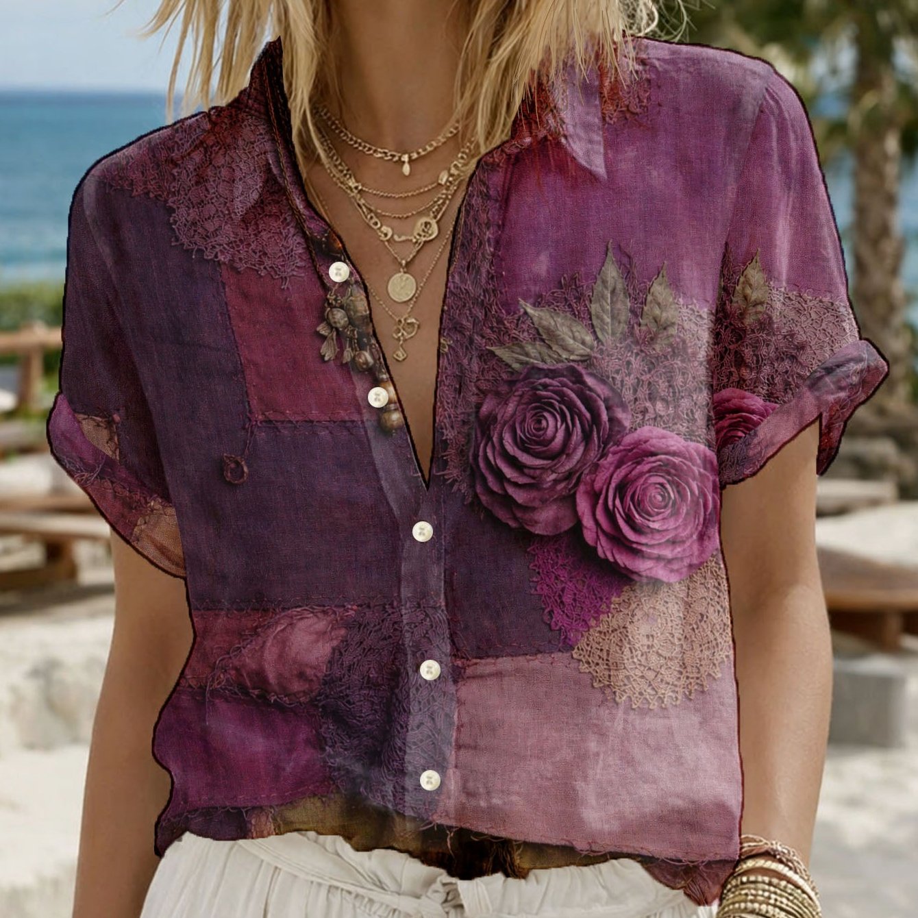 Image of 2d Flat Print Women's Summer Floral Print Shirt, Bohemian Style, Regular Loose Fit, Suitable For Summer Casual And Holiday Wear, Machine Washable, Vacation Top