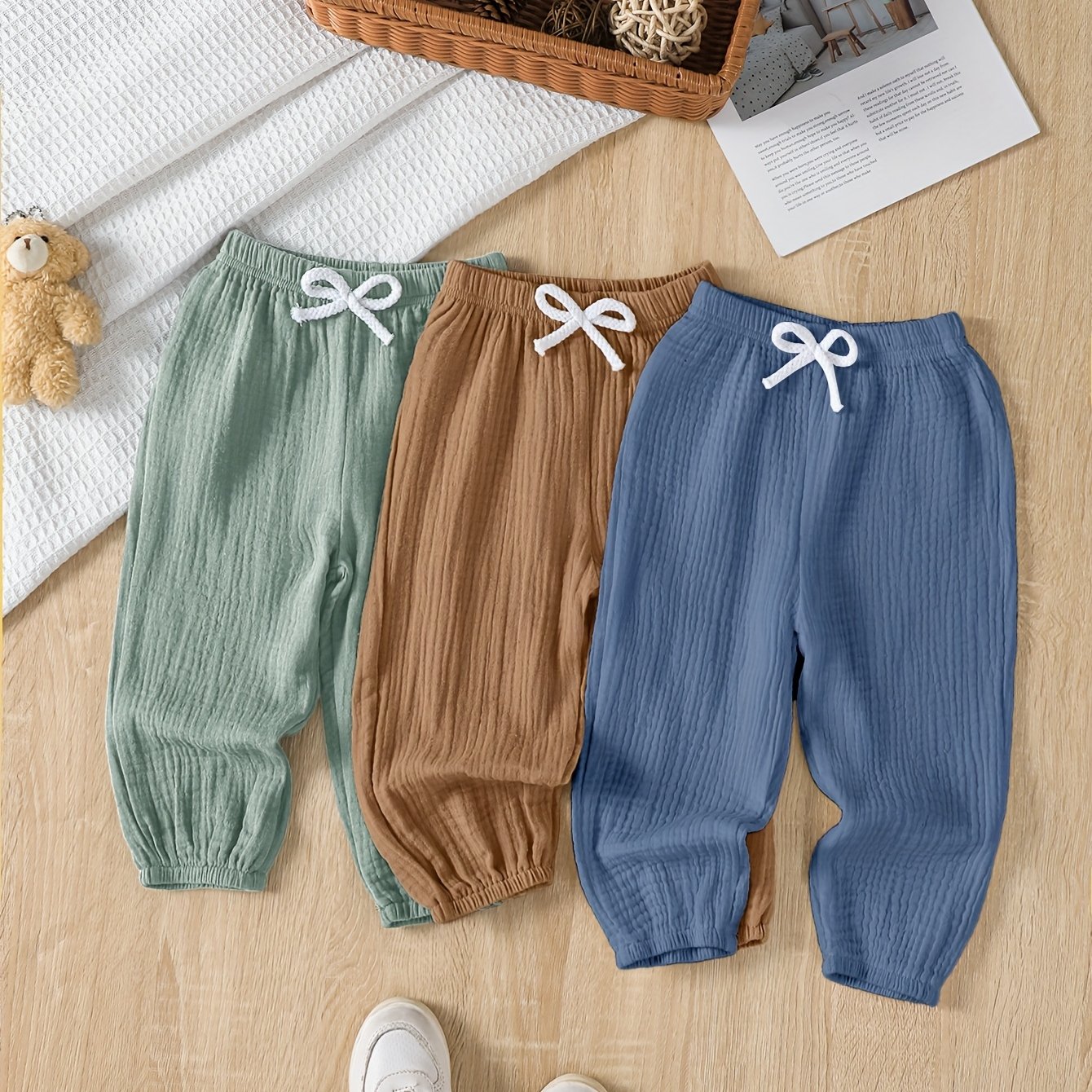 Double-layer Ruched Elastic Waist Solid Color Ankle-cinching Long Pants 3pcs Set, Casual Comfortable All- With Drawstring, Suitable For Daily Outing, , For Outdoor