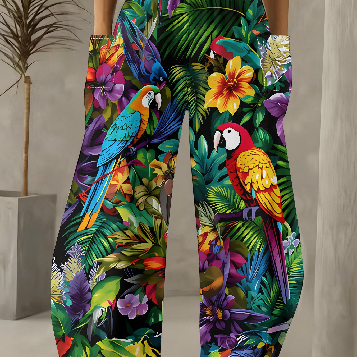 TEMU Plus-size Women's Spring And Style Loose Wide-leg Long Pants With A Parrot Floral Print, Lightweight And Breathable, Perfect For Valentine's