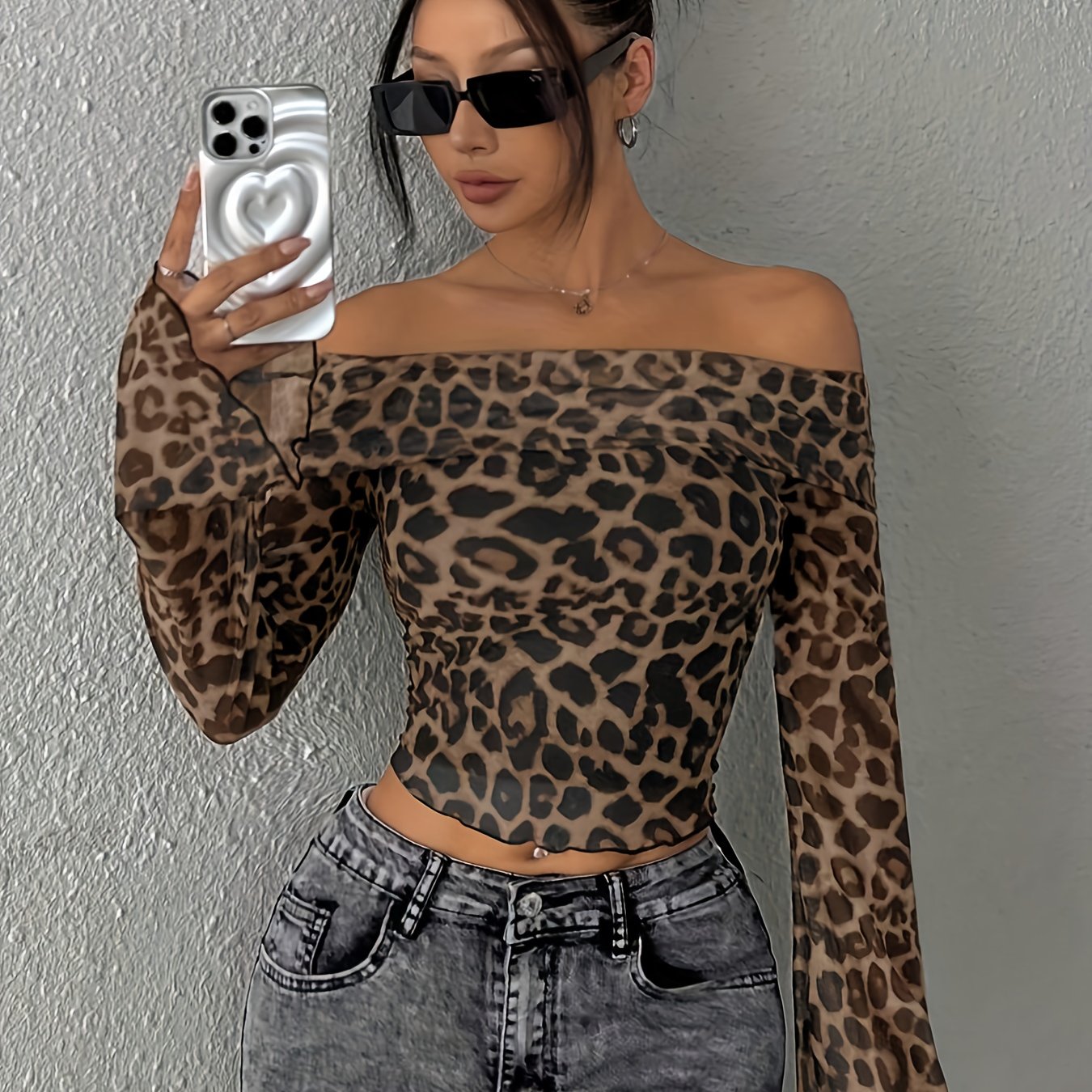 E-shop Damen Off-Shoulder Leopardenmuster Mesh Puffärmel Crop T-Shirt