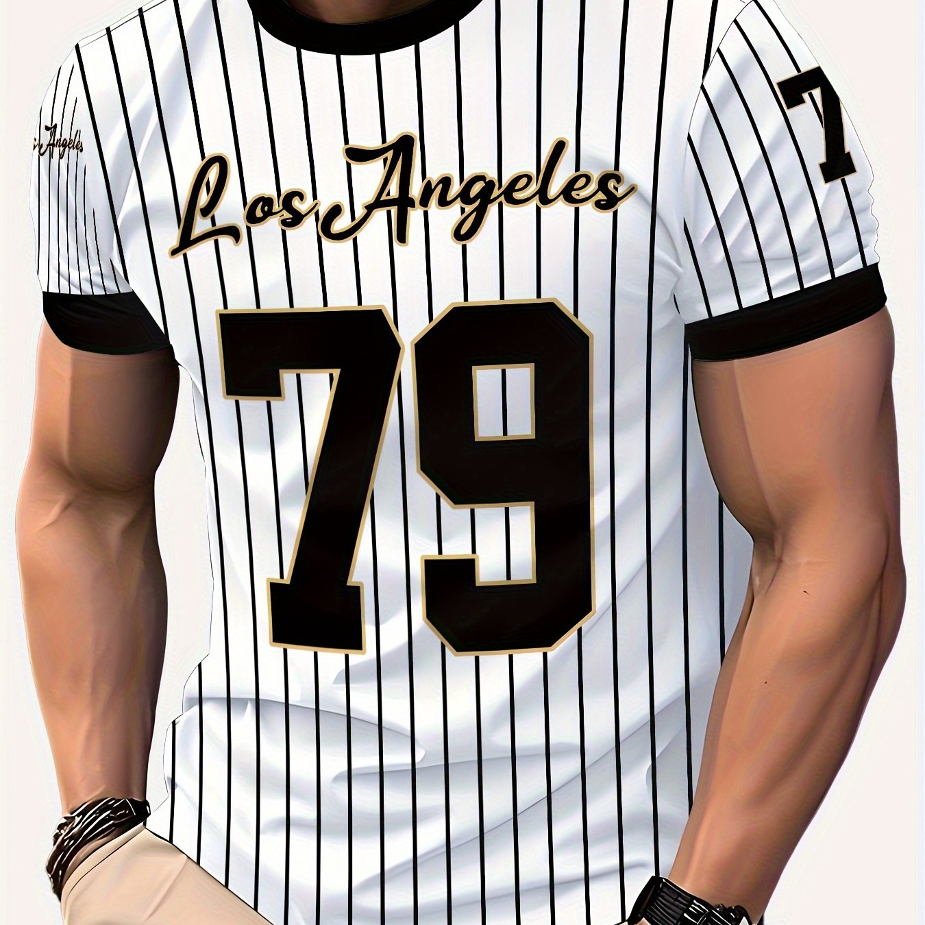 TEMU Casual Easy Striped Men's T-shirt, Comfortable Round Neck Short Sleeve Top, Featuring Los Angeles "no. 79" Letter Print, Versatile Top