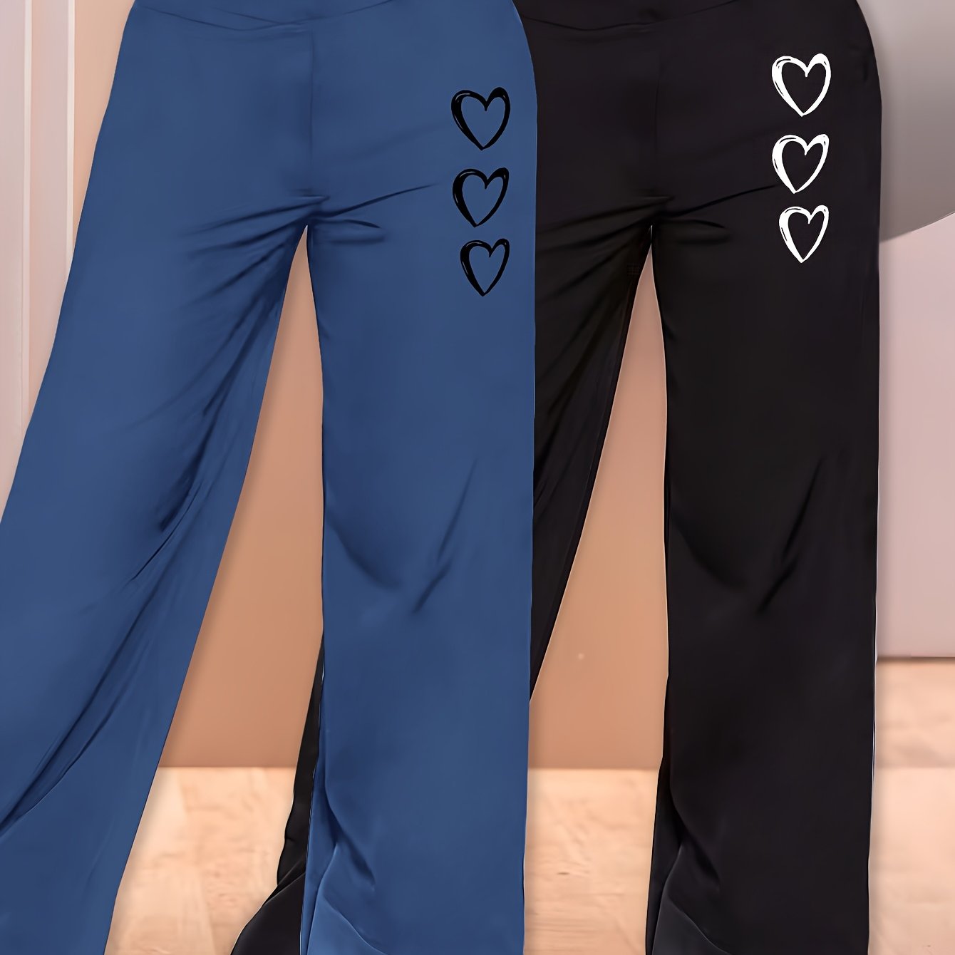 TEMU Elegant - 2pcs Set Of Women's Wide-leg Casual Trousers, Lightweight And For Summer, Featuring A Heart Pattern Print