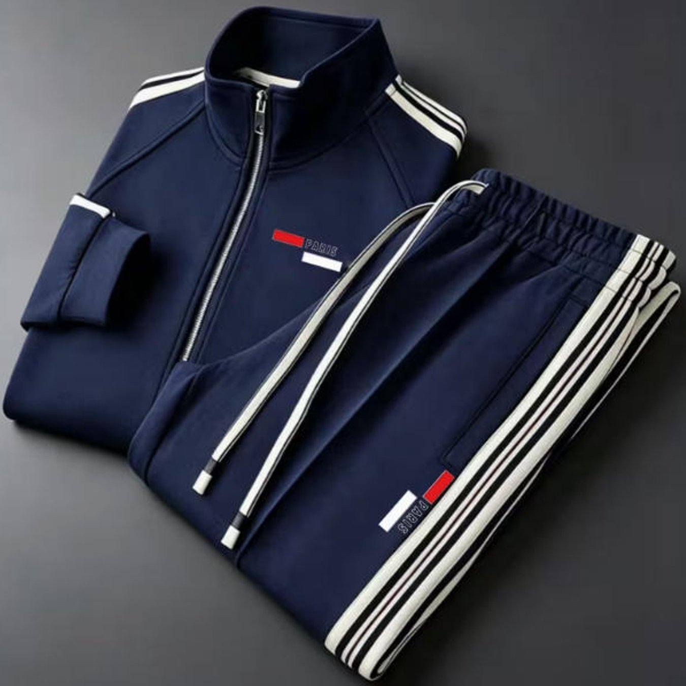 Image of Stand Collar Street Style Trendy Striped Graphic 2pcs Tracksuit Casual Sportswear For Adult Men Holiday Gift Daily Wear
