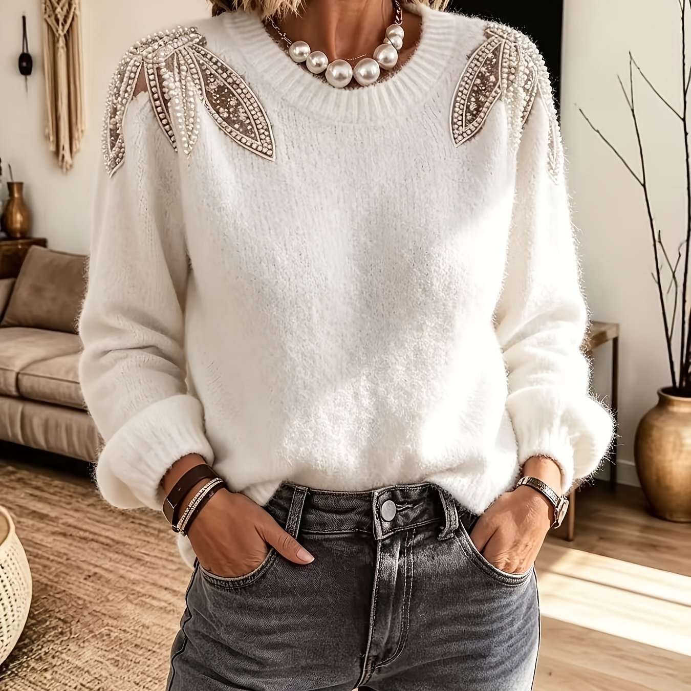 TEMU Nouveau pull d'automne/hiver 2026 pour femme, blanc, , à col rond, manches lanternes, épaules en résille et broderie de perles, haut