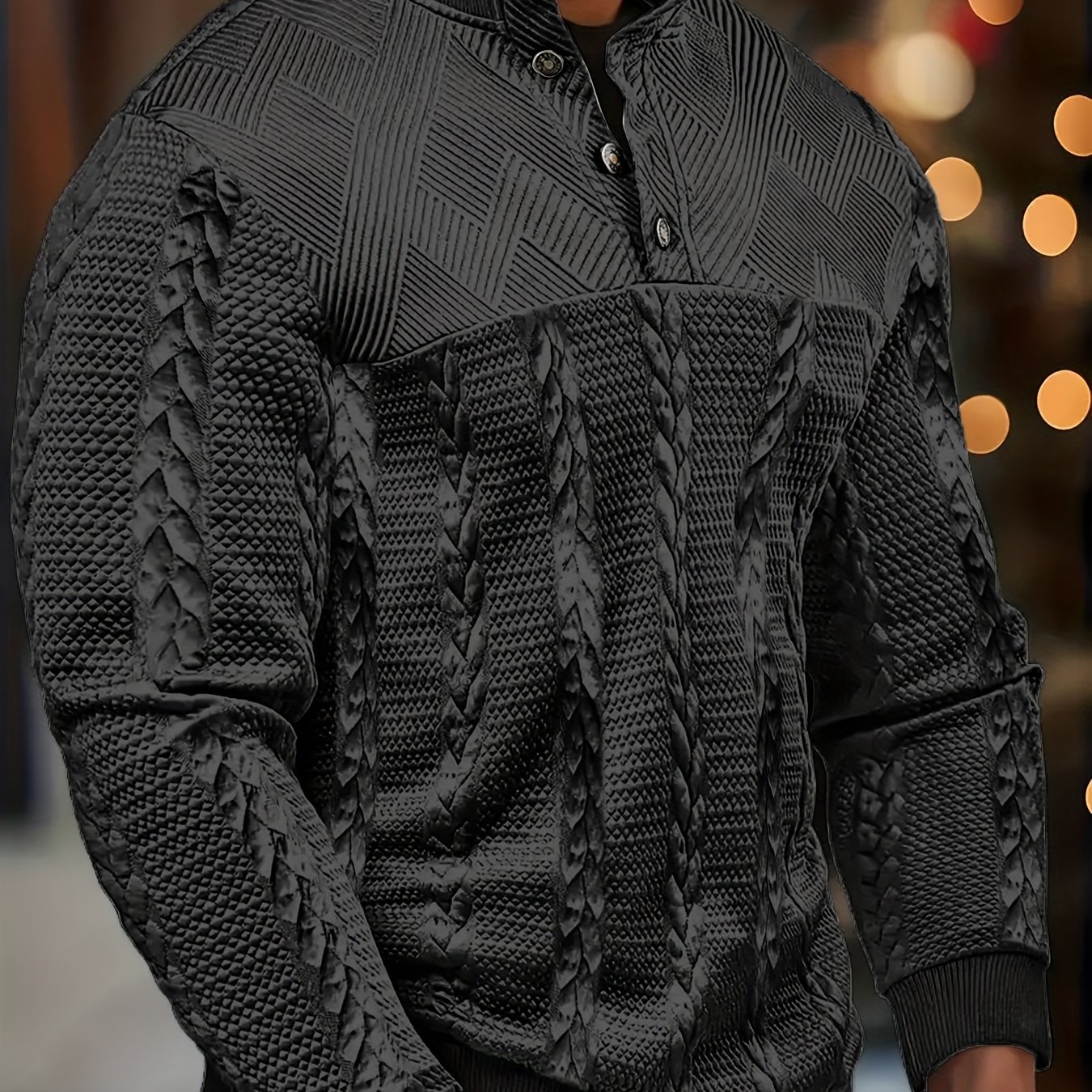 TEMU Men's Henley Shirt, Casual Stand Collar Button-front Long Sleeve Pullover Sweatshirt, Soft Jacquard Knit For Autumn/winter, Suitable For Outdoor