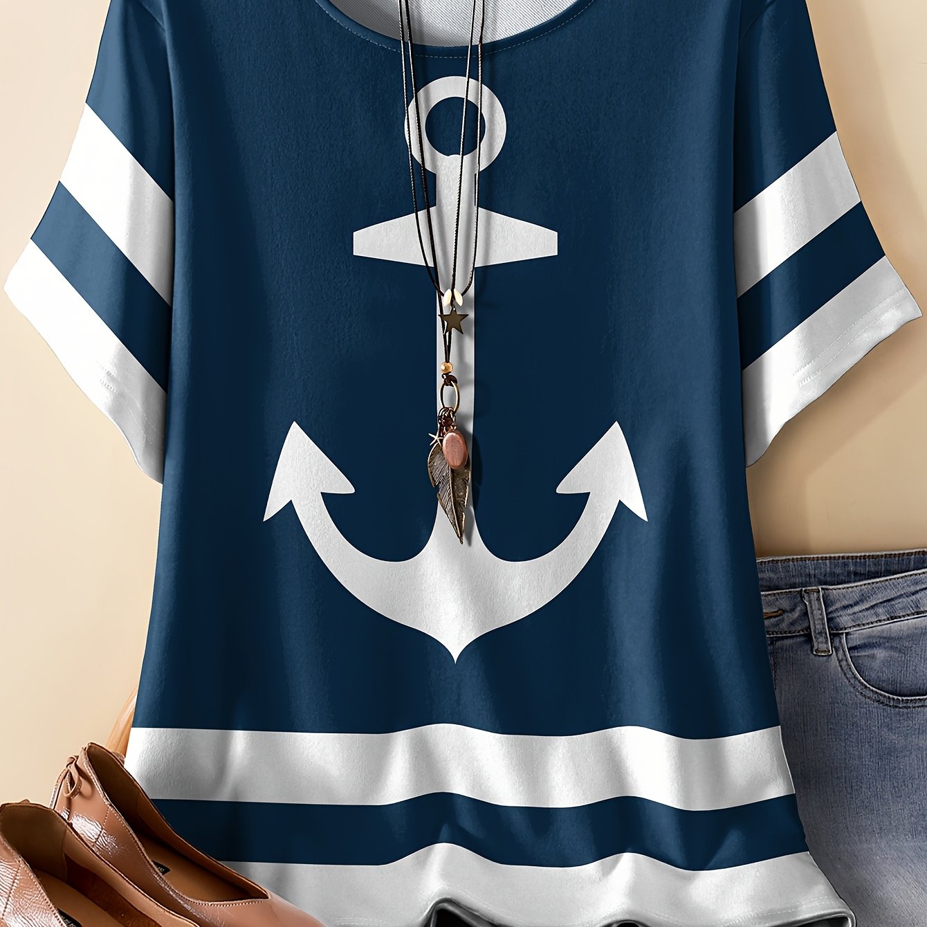 Plus Size, Plus Size Women's Clothing, Color-blocking Anchor Pattern, Printed Short Sleeves, Round Neck, Casual Loose Fit, Versatile T-shirt, Accessories Not Included