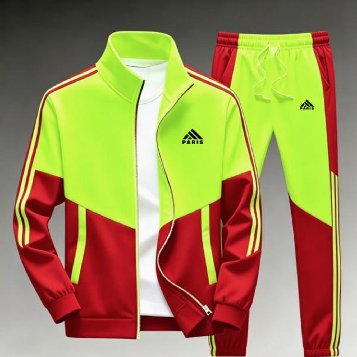 Image of Men's Fashion Tracksuit Neon Green Khaki Color Block Stripe Detail Zip-up Jacket Jogger Pants Set Adults Men Fall Winter Street Style Casual Sportswear Holiday Gift