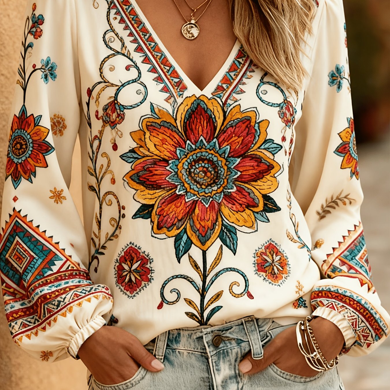 TEMU Casual Temperament Elegant Vacation Charm Vintage Long Sleeve V-neck Printed Top, Vacation All-match Fashion Top, Women's Clothing
