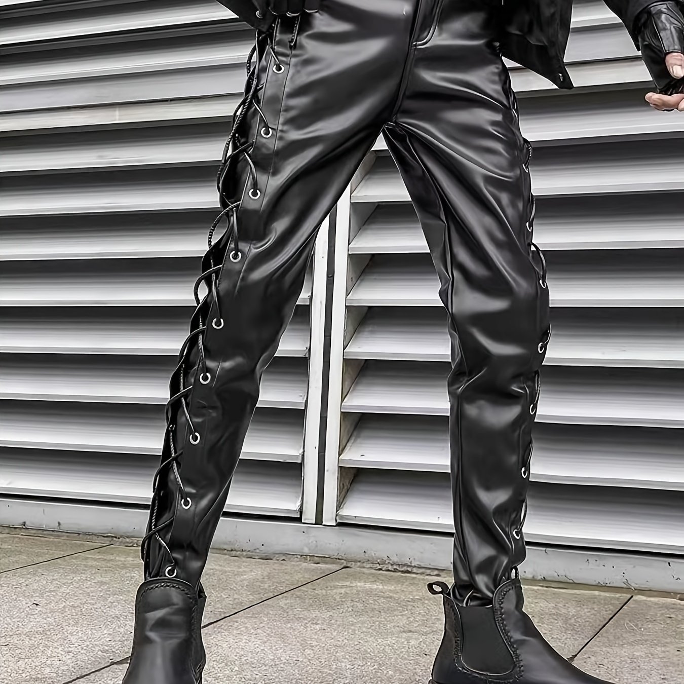 Image of Men's Black Pants With Side Lace-up Detail Slim-fit High-shine Edgy Street Wear Style For Outfits Perfect For Night Out/urban Fashion Comfortable Stylish Statement Bottoms
