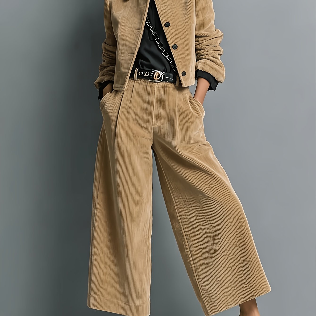 TEMU Corduroy Suit, Retro Suit, Straight Wide-leg Pants And Button-up Top Thin Jacket, Long Sleeve Shorts Shirt Thin Jacket Suit