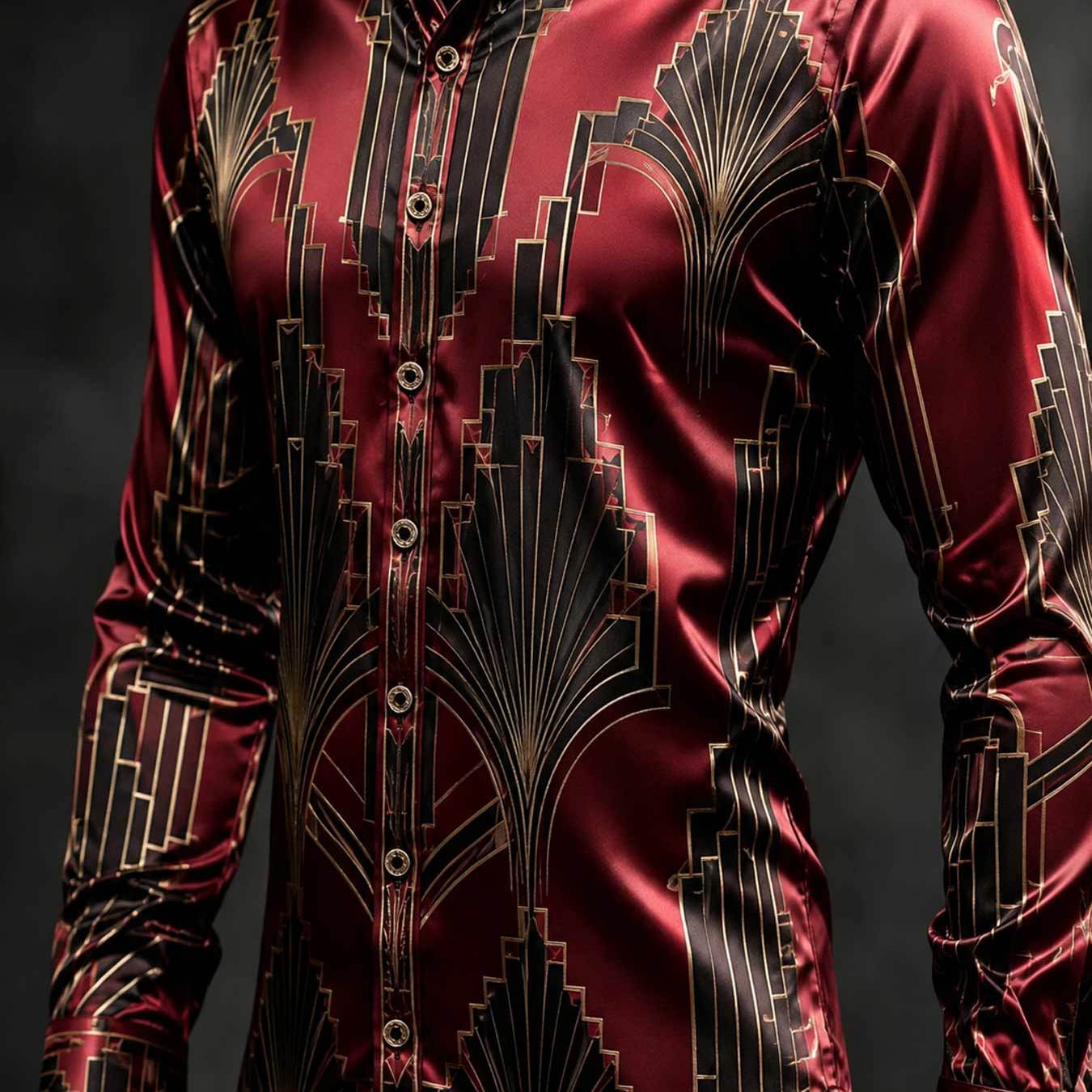 TEMU Men' Deco Geometric Shirt Short Sleeve Collared Top Luxury Vintage Style Party
